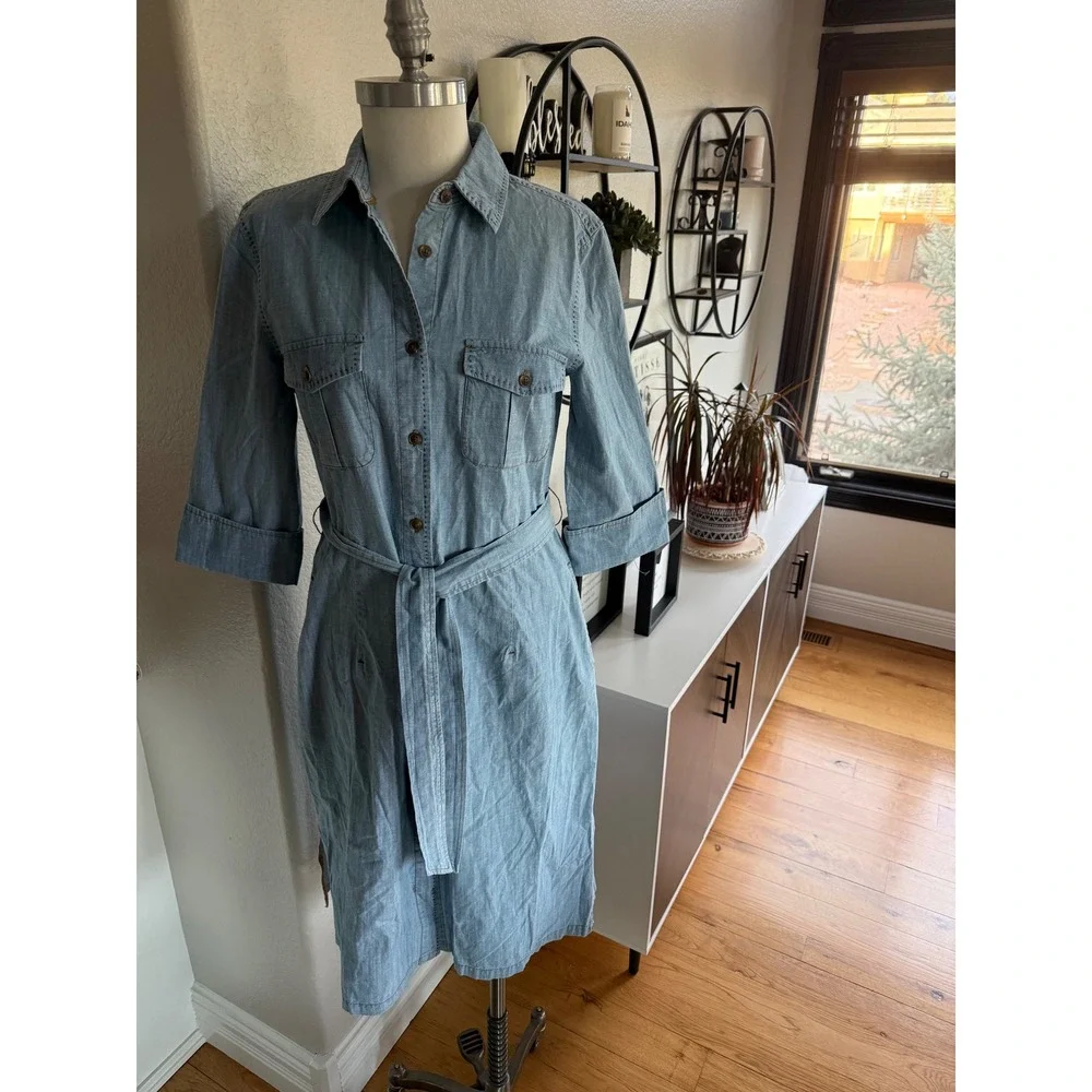 J. Peterman Womens Large Indigo Cotton Chambray Shirt Dress Cowgirl Boho Western - Picture 2 of 14
